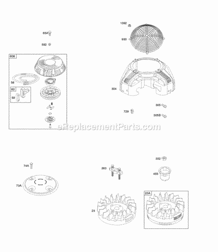 Rewind Starter Blower Housing Flywheel Diagram and Parts List for 295772-0112-E1  Briggs and Stratton Engine